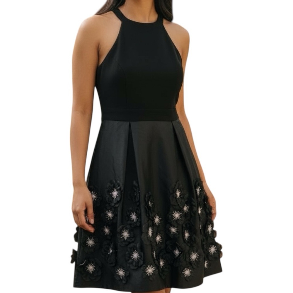 Le Chateau Black Dress with Floral Appliqués & Pockets Size Large